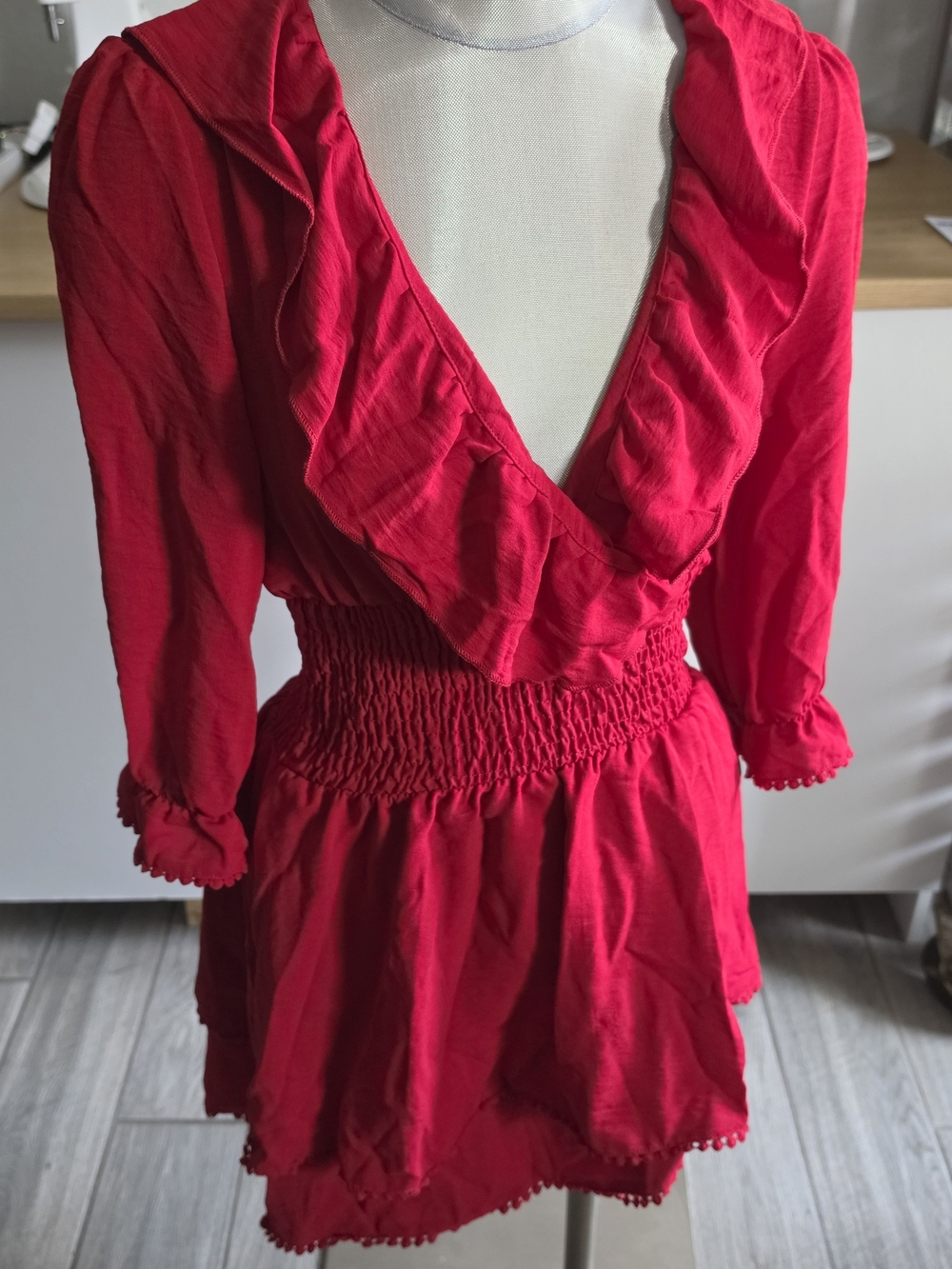 Red Ruffled Long-Sleeve Dress with Smocked Waist
